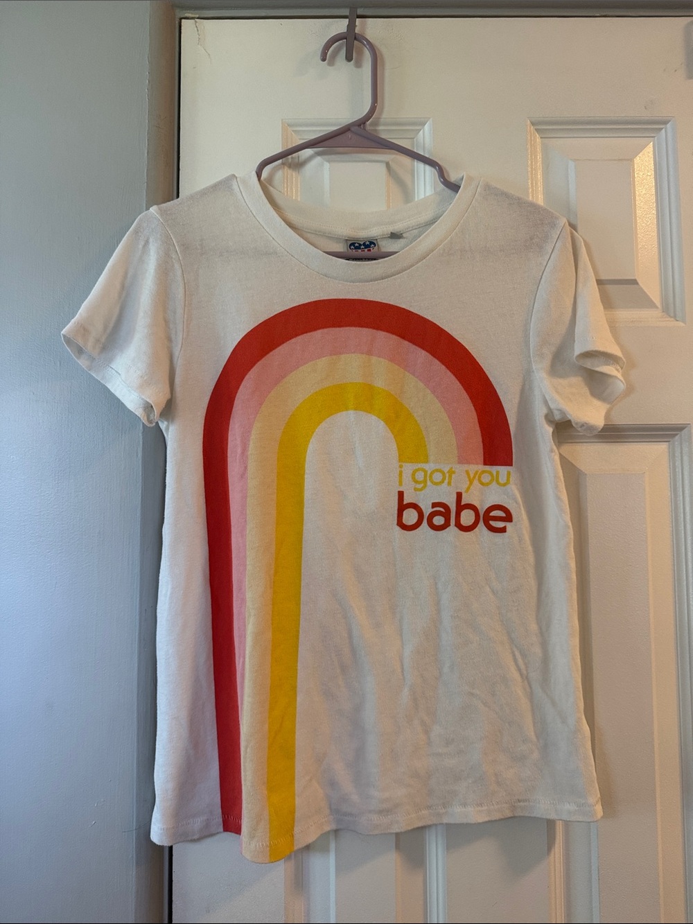 Junk Food Clothing White Tee with Retro Rainbow 'I got you babe' Graphic